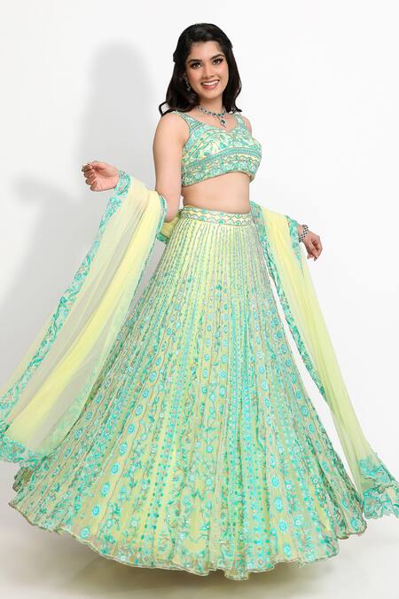 Sanjana Thakur_Green Nylon, Viscose Pearls, Cut Work, Embroidery Resham And Lehenga Set _at_Aza_Fashions