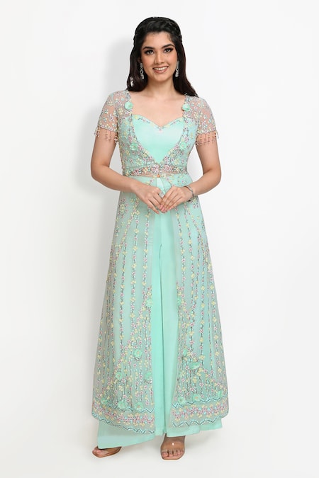 Sanjana Thakur_Green Nylon, Silk Beads, Embroidery, Cut Work, Zari, Sequins Jacket Sharara Set _Online_at_Aza_Fashions