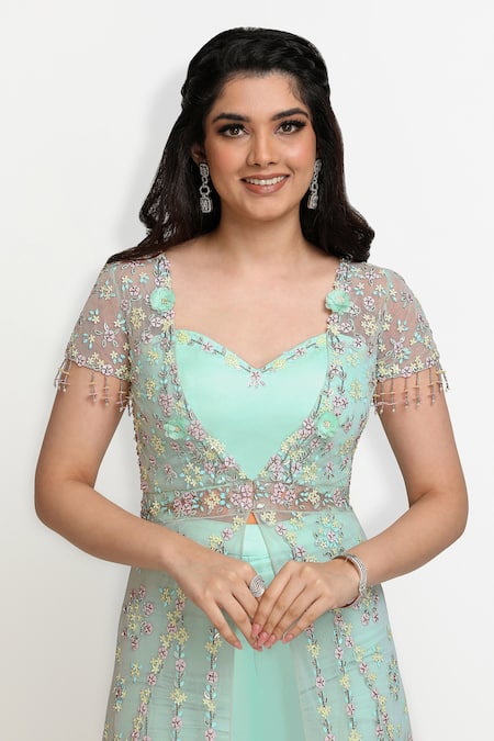 Buy_Sanjana Thakur_Green Nylon, Silk Beads, Embroidery, Cut Work, Zari, Sequins Jacket Sharara Set _Online_at_Aza_Fashions