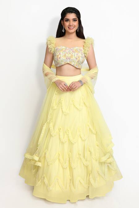 Sanjana Thakur_Yellow Nylon, Viscose Sequins, Embroidery Sweetheart Ruffled Lehenga Blouse Set _Online_at_Aza_Fashions