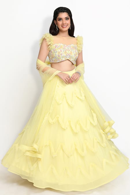 Buy_Sanjana Thakur_Yellow Nylon, Viscose Sequins, Embroidery Sweetheart Ruffled Lehenga Blouse Set _Online_at_Aza_Fashions