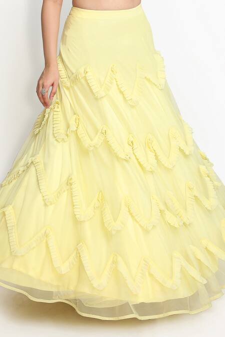 Shop_Sanjana Thakur_Yellow Nylon, Viscose Sequins, Embroidery Sweetheart Ruffled Lehenga Blouse Set 