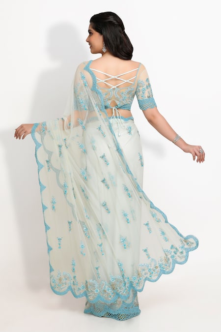 Sanjana Thakur_Blue Nylon, Viscose Stones, Cut Work, Zardozi Embroidered Saree And Blouse Set _Online_at_Aza_Fashions