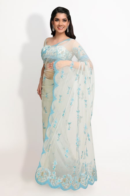 Shop_Sanjana Thakur_Blue Nylon, Viscose Stones, Cut Work, Zardozi Embroidered Saree And Blouse Set _Online_at_Aza_Fashions