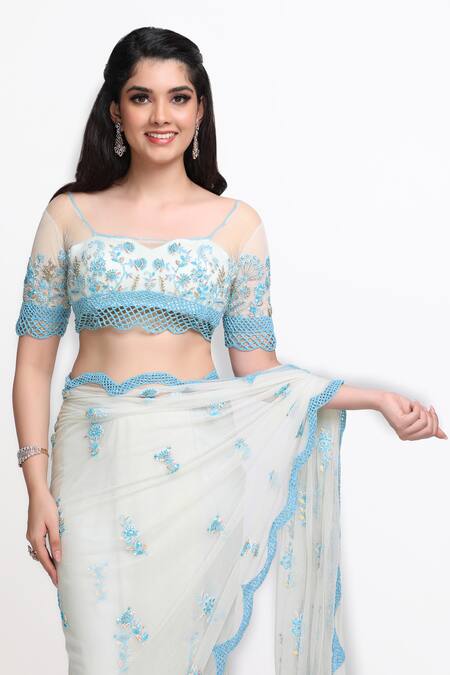 Sanjana Thakur_Blue Nylon, Viscose Stones, Cut Work, Zardozi Embroidered Saree And Blouse Set _at_Aza_Fashions