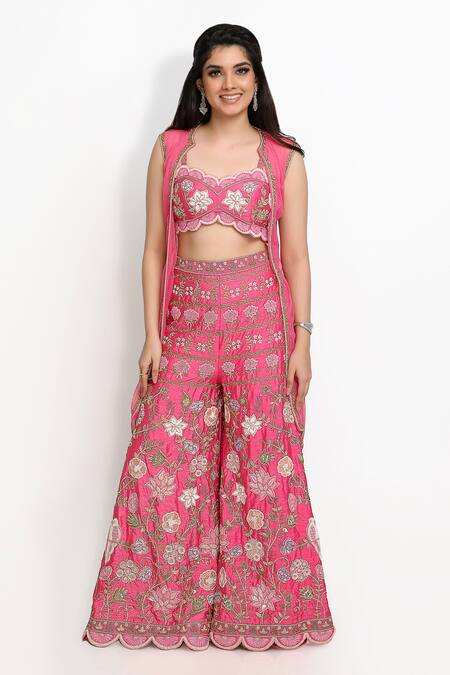 Buy_Sanjana Thakur_Pink Pure Raw Silk Embroidered Aari Sharara Jacket Set For Kids_Online_at_Aza_Fashions