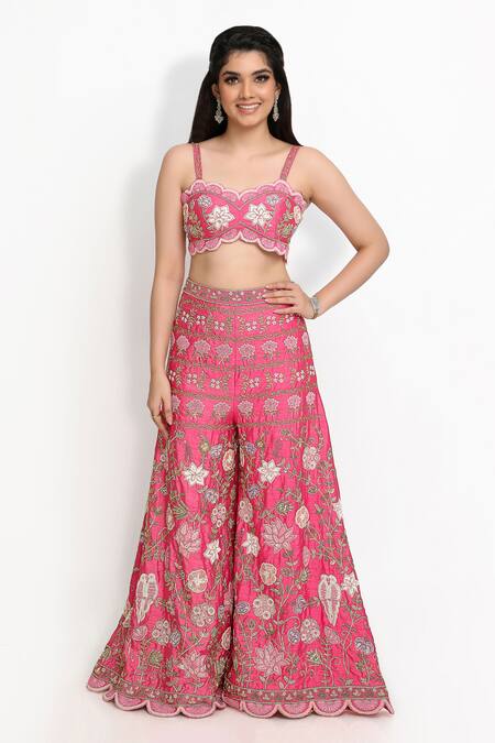 Shop_Sanjana Thakur_Pink Pure Raw Silk Embroidered Aari Sharara Jacket Set For Kids_Online_at_Aza_Fashions