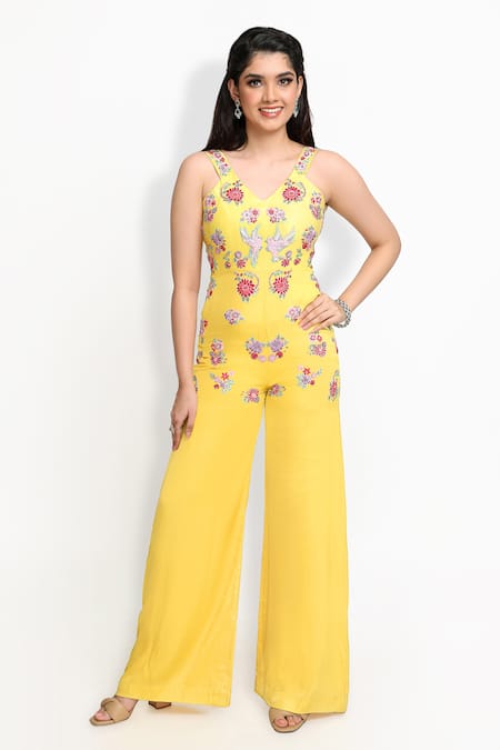 Buy Sanjana Thakur Yellow Silk Embroidery, Sequins V-neck Floral Zardozi Jumpsuit Online at Aza Fashions Buy_Sanjana Thakur_Yellow Silk Embroidery, Sequins V-neck Floral Zardozi Jumpsuit _Online_at_Aza_Fashions