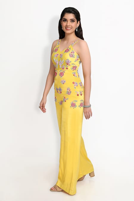 Shop Sanjana Thakur Yellow Silk Embroidery, Sequins V-neck Floral Zardozi Jumpsuit Online at Aza Fashions Shop_Sanjana Thakur_Yellow Silk Embroidery, Sequins V-neck Floral Zardozi Jumpsuit _Online_at_Aza_Fashions