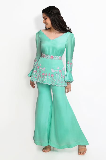 Sanjana Thakur_Green Viscose Gajji Silk Embroidered Pearl Peplum Kurta And Sharara Set For Kids_Online_at_Aza_Fashions