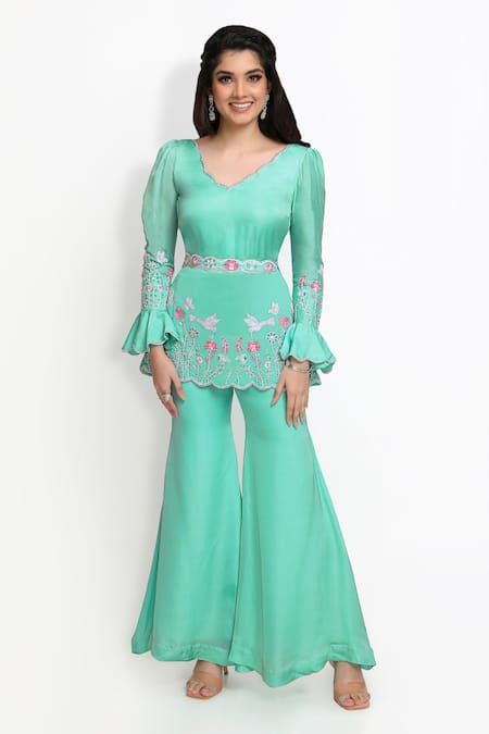 Buy_Sanjana Thakur_Green Viscose Gajji Silk Embroidered Pearl Peplum Kurta And Sharara Set For Kids_Online_at_Aza_Fashions
