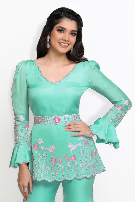 Shop_Sanjana Thakur_Green Viscose Gajji Silk Embroidered Pearl Peplum Kurta And Sharara Set For Kids_Online_at_Aza_Fashions