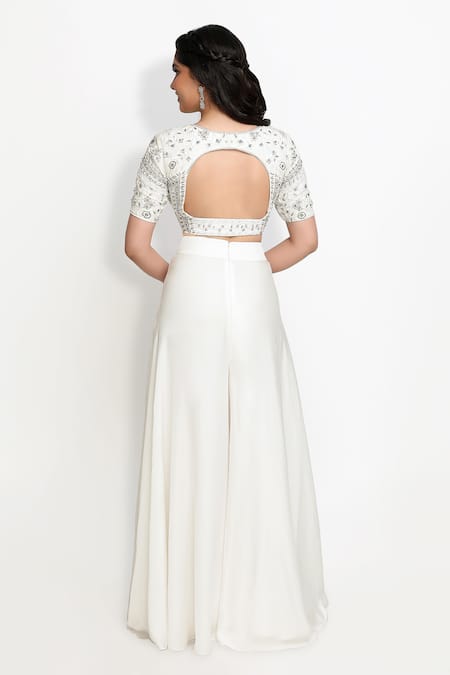 Shop_Sanjana Thakur_White Satin, Brocade, Silk Embroidery, Stones, Aari Crop Top And Sharara Set _at_Aza_Fashions