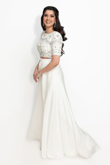 Sanjana Thakur_White Satin, Brocade, Silk Embroidery, Stones, Aari Crop Top And Sharara Set _Online_at_Aza_Fashions