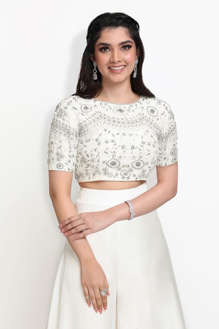 Buy_Sanjana Thakur_White Satin, Brocade, Silk Embroidery, Stones, Aari Crop Top And Sharara Set _Online_at_Aza_Fashions