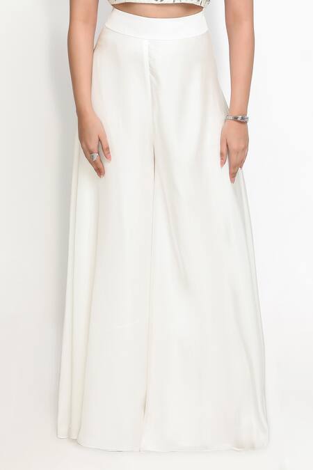 Shop_Sanjana Thakur_White Satin, Brocade, Silk Embroidery, Stones, Aari Crop Top And Sharara Set _Online_at_Aza_Fashions