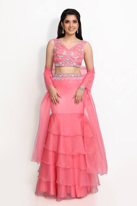 Buy_Sanjana Thakur_Peach Viscose, Organza Embroidery, Sequins V-neck Mermaid Lehenga Blouse Set _Online_at_Aza_Fashions