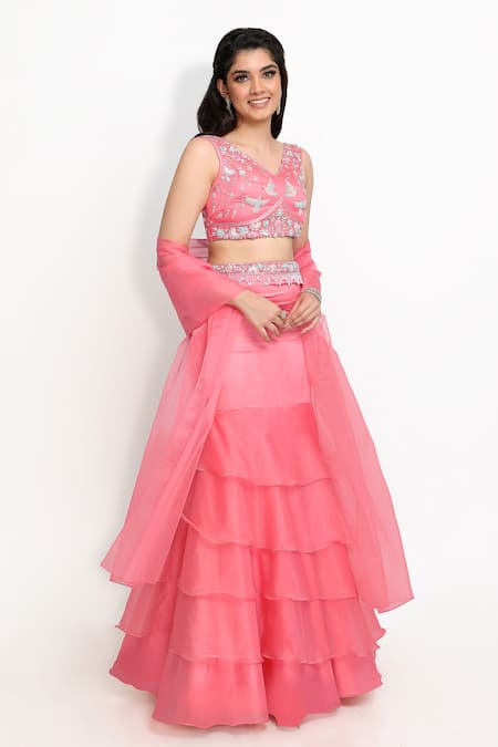 Shop_Sanjana Thakur_Peach Viscose, Organza Embroidery, Sequins V-neck Mermaid Lehenga Blouse Set _Online_at_Aza_Fashions