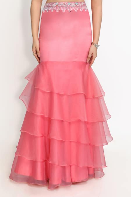 Sanjana Thakur_Peach Viscose, Organza Embroidery, Sequins V-neck Mermaid Lehenga Blouse Set _at_Aza_Fashions