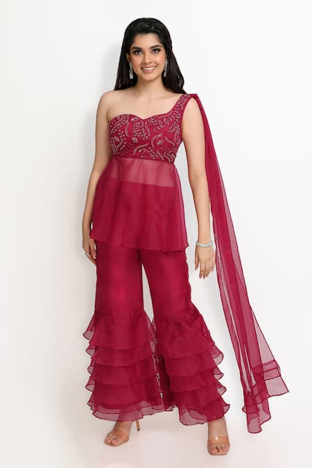 Sanjana Thakur_Wine 100% Organza Embroidered French Knots Draped Peplum Kurta And Sharara Set For Kids_Online_at_Aza_Fashions