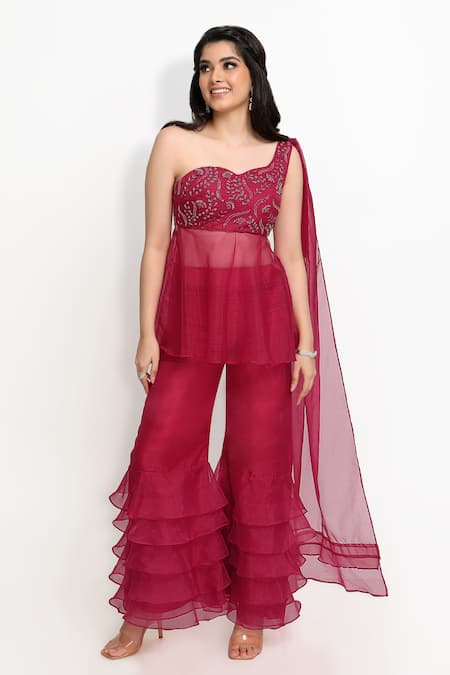 Buy_Sanjana Thakur_Wine 100% Organza Embroidered French Knots Draped Peplum Kurta And Sharara Set For Kids_Online_at_Aza_Fashions