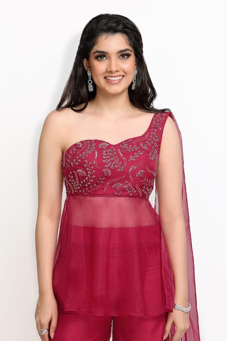 Shop_Sanjana Thakur_Wine 100% Organza Embroidered French Knots Draped Peplum Kurta And Sharara Set For Kids_Online_at_Aza_Fashions