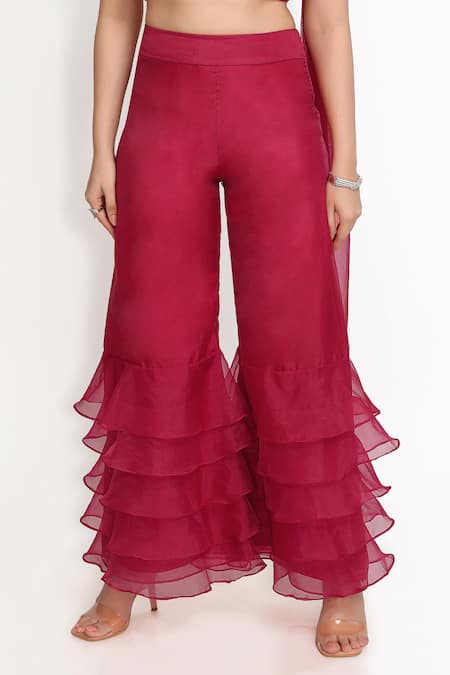 Sanjana Thakur_Wine 100% Organza Embroidered French Knots Draped Peplum Kurta And Sharara Set For Kids_at_Aza_Fashions