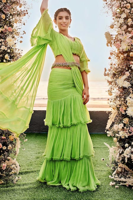 Buy Green Saree Swiss Net Hand Enchantress Fish Cut Skirt With Blouse For  Women by Nayantaara Online at Aza Fashions.