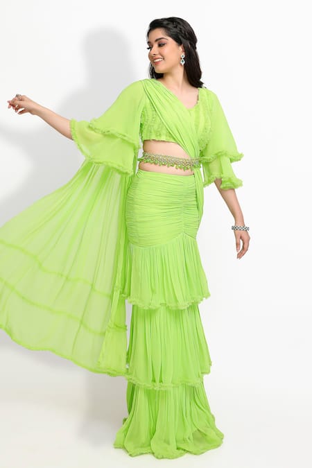 Sanjana Thakur_Green Georgette, Viscose Beads, Tassels Fish Cut Lehenga Saree With Blouse _Online_at_Aza_Fashions