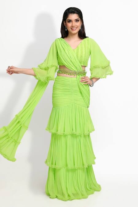 Shop_Sanjana Thakur_Green Georgette, Viscose Beads, Tassels Fish Cut Lehenga Saree With Blouse _Online_at_Aza_Fashions