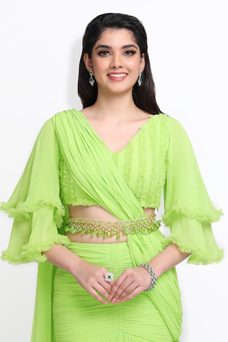 Sanjana Thakur_Green Georgette, Viscose Beads, Tassels Fish Cut Lehenga Saree With Blouse _at_Aza_Fashions