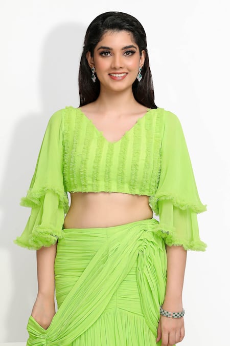 Buy_Sanjana Thakur_Green Georgette, Viscose Beads, Tassels Fish Cut Lehenga Saree With Blouse 