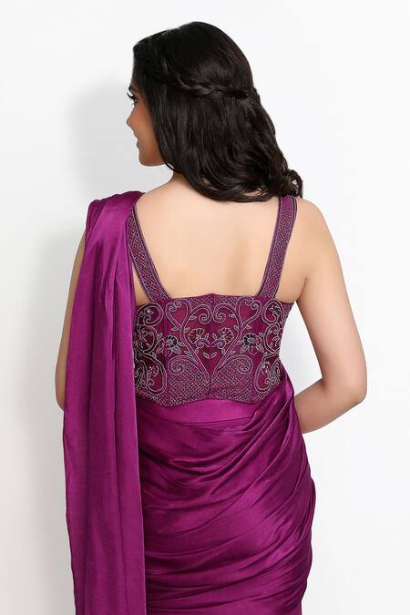 Sanjana Thakur_Purple Viscose, Silk, Nylon Cut Work, Pre-draped Saree With Corset Blouse _at_Aza_Fashions
