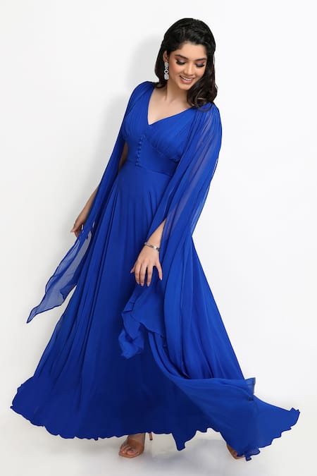 Sanjana Thakur_Blue Viscose Georgette Plain Long Drape Sleeve Gown For Kids_Online_at_Aza_Fashions