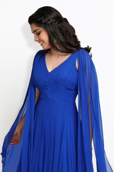 Shop_Sanjana Thakur_Blue Viscose Georgette Plain Long Drape Sleeve Gown For Kids_Online_at_Aza_Fashions