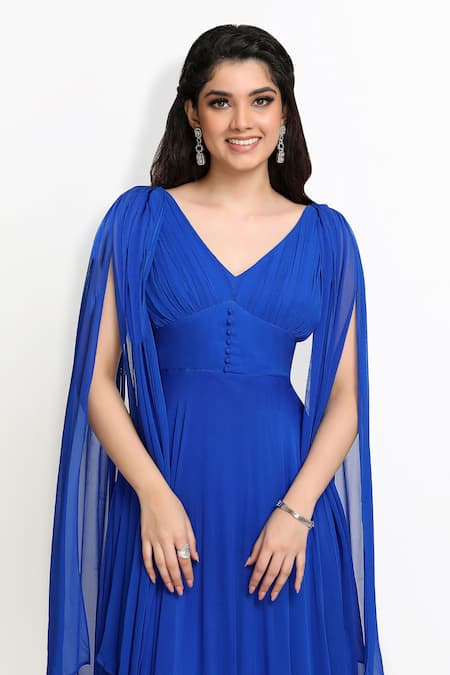 Sanjana Thakur_Blue Viscose Georgette Plain Long Drape Sleeve Gown For Kids_at_Aza_Fashions