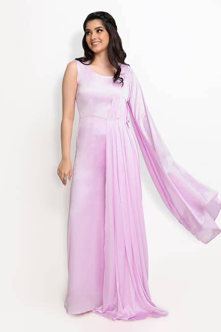 Sanjana Thakur_Purple 100 % Viscose Satin Plain Pleated Drape Attached Jumpsuit For Kids_Online_at_Aza_Fashions