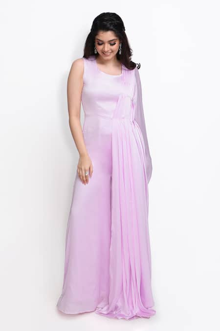 Buy_Sanjana Thakur_Purple 100 % Viscose Satin Plain Pleated Drape Attached Jumpsuit For Kids_Online_at_Aza_Fashions