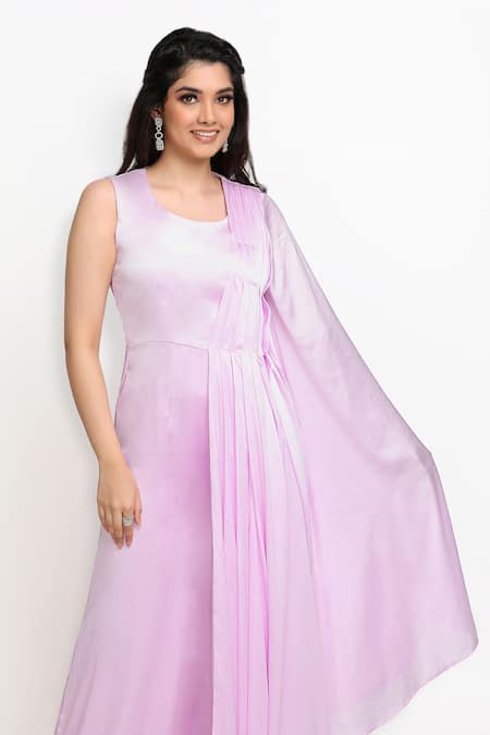 Sanjana Thakur_Purple 100 % Viscose Satin Plain Pleated Drape Attached Jumpsuit For Kids_at_Aza_Fashions
