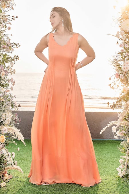 Sanjana Thakur Orange 100% Georgette Plain V Neck Cinched Waist Gown 