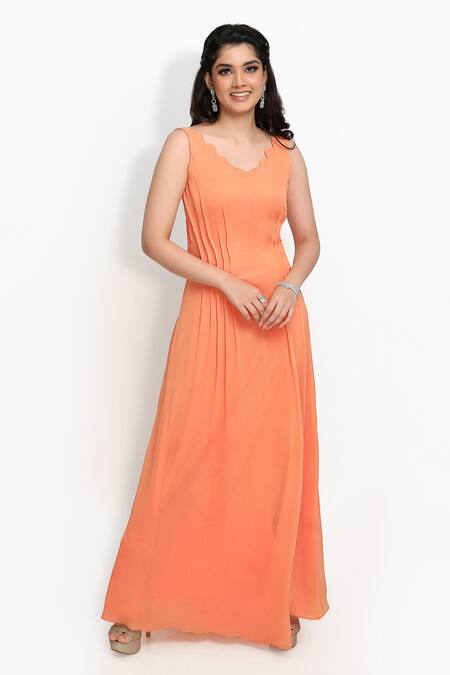Sanjana Thakur_Orange 100% Georgette Plain Cinched Waist Gown For Kids_Online_at_Aza_Fashions
