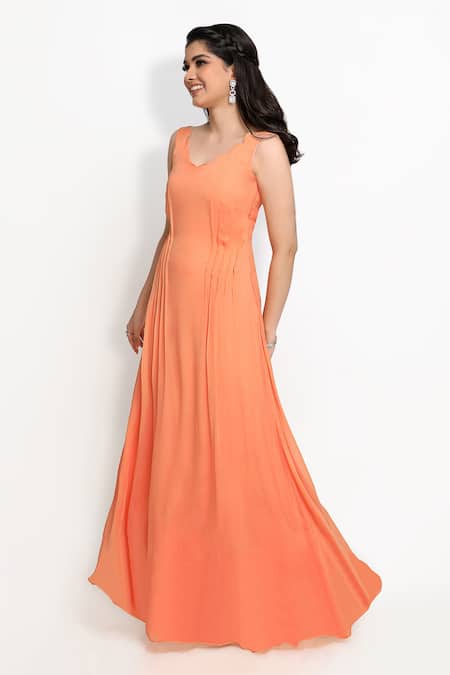 Shop_Sanjana Thakur_Orange 100% Georgette Plain Cinched Waist Gown For Kids_Online_at_Aza_Fashions