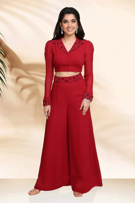 Sanjana Thakur_Red Georgette Plain Embellished Collar Top With Sharara For Kids_Online_at_Aza_Fashions