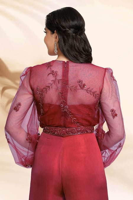 Shop_Sanjana Thakur_Wine Jumpsuit Satin Hand Embroidered Cape Floral Sheer And Set For Kids_Online_at_Aza_Fashions