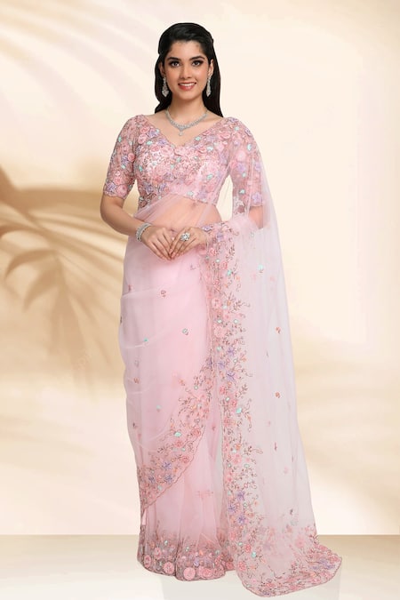 Sanjana Thakur Pink 100% Nylon Net Embroidery Floral V Neck 3d Saree And Blouse Set 