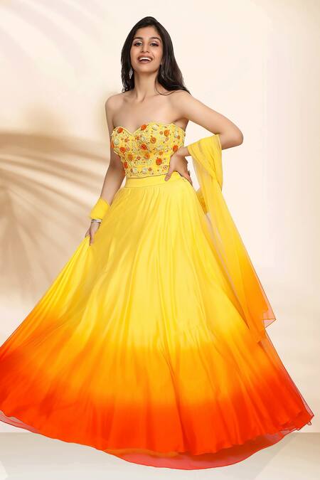 Buy_Sanjana Thakur_Yellow Nylon Embroidery Sweetheart Neck Ombre Lehenga And Floral Blouse Set _Online_at_Aza_Fashions
