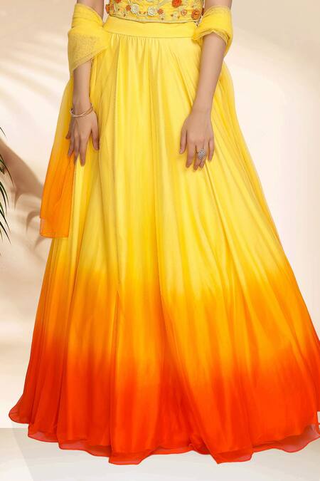 Buy_Sanjana Thakur_Yellow Nylon Embroidery Sweetheart Neck Ombre Lehenga And Floral Blouse Set 