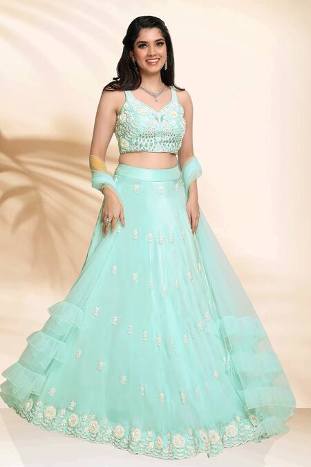 Sanjana Thakur_Blue Lehenga And Blouse Silk Hand Embroidery Floral V Neck Set _Online_at_Aza_Fashions