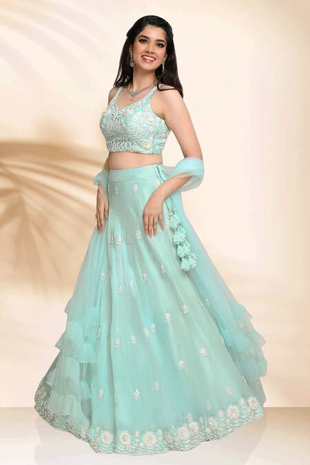 Buy_Sanjana Thakur_Blue Lehenga And Blouse Silk Hand Embroidery Floral V Neck Set _Online_at_Aza_Fashions