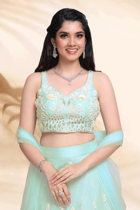 Shop_Sanjana Thakur_Blue Lehenga And Blouse Silk Hand Embroidery Floral V Neck Set _Online_at_Aza_Fashions